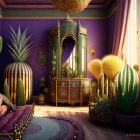 Purple-themed bedroom with mirrors, greenery bedding, golden birdcage, and cacti.