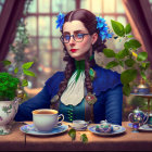 Woman with braided hair and blue flowers in conservatory tea setting.