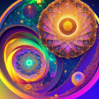 Colorful digital art: Woman's face, cosmic elements, fractal patterns