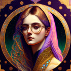 Stylized digital portrait of a woman with glasses in ornate golden halo