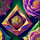 Colorful Geometric Diamond with Flowers on Dark Background