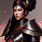 Digital illustration of woman in East Asian warrior attire with black and red armor and gold accents