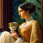 Golden dress woman with lace collar holding ornate cup by lush greenery window