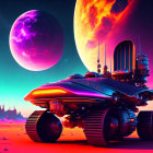 Futuristic vehicle on alien terrain with oversized wheels and neon highlights