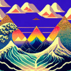 Colorful digital art featuring stylized waves and mountains with vibrant patterns and textures.