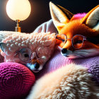 Anthropomorphic Foxes in Colorful Knits and Glasses Under Warm Light