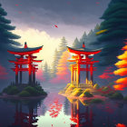 Tranquil lake scene with red torii gates, autumn trees, and flying birds