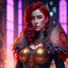 Digital Artwork: Red-Haired Woman in Futuristic Armor on Neon Background