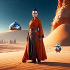 Person in Orange and Brown Robes with Spherical Droids in Desert Landscape