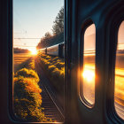 Sunset view from train: golden light on tracks & foliage, open door evoking journey