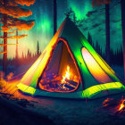 Glowing tent and campfire under aurora-lit sky in forest clearing