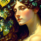 Digital artwork: Woman with flowing hair and green leaf adornments in lush foliage theme