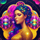 Cosmic-inspired woman illustration with vibrant starry hair.