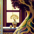 Golden tree illustration with peacock colors and intricate patterns