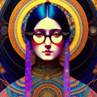 Colorful digital portrait of a woman with glasses and intricate geometric and floral patterns.