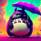 Large Totoro with small Totoro under umbrella in vibrant sunset scene