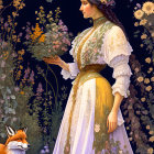 Vintage-dressed woman with fox and flowers on dark floral backdrop