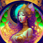 Celestial woman with purple hair and golden headdress in cosmic scene