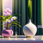 Modern Room Decor with Pink and White Vases, Blooming Flowers, Glass Bottle, and Striped