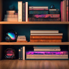 Wooden bookshelf with books, pink neon lights, headphones, and speaker on shadowed floor