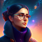 Vibrant digital portrait of a woman with glasses against cosmic backdrop