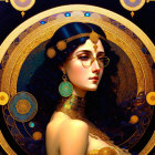 Woman with Blue Hair and Gold Jewelry in Art-Nouveau Style Illustration