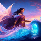 Golden-armored woman in flowing blue robes surrounded by swirling colors and ethereal light patterns.