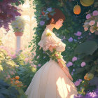 Woman in White Dress Surrounded by Greenery and Fruit Landscape