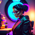 Digital portrait of a woman with glasses and books in neon-lit room