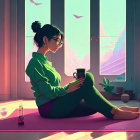 Woman in green sweater and glasses sitting on pink mat with cup, mountains and orbs through window