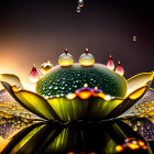 Water droplets on plant leaf with light reflections and glistening effect