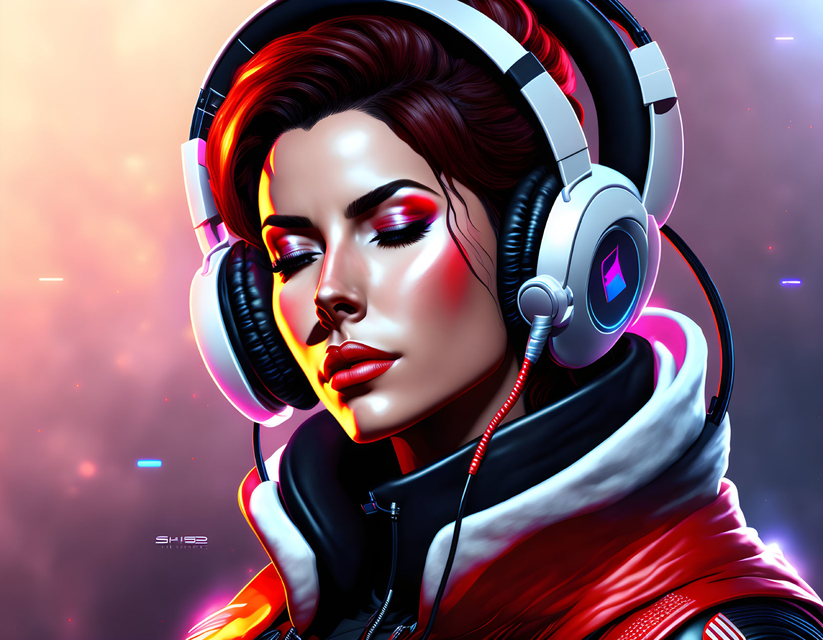 Futuristic digital artwork of woman in red spacesuit