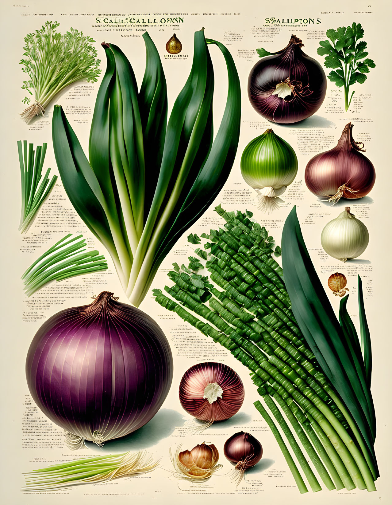 Botanical illustration of onions and alliums with labels and descriptive text