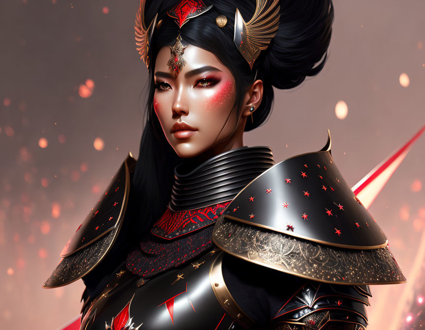 Digital illustration of woman in East Asian warrior attire with black and red armor and gold accents