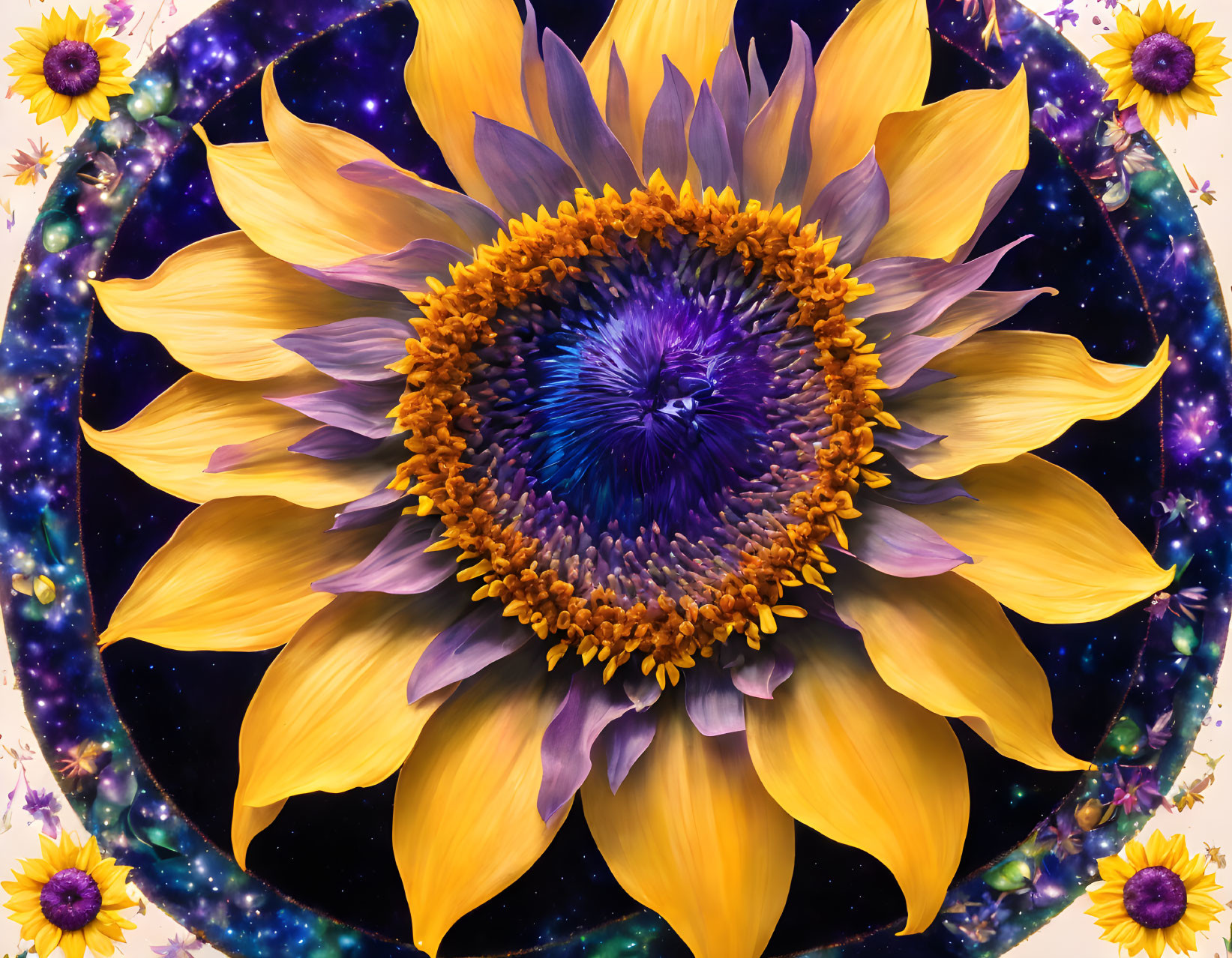 Sunflower digital artwork with cosmic galaxy background