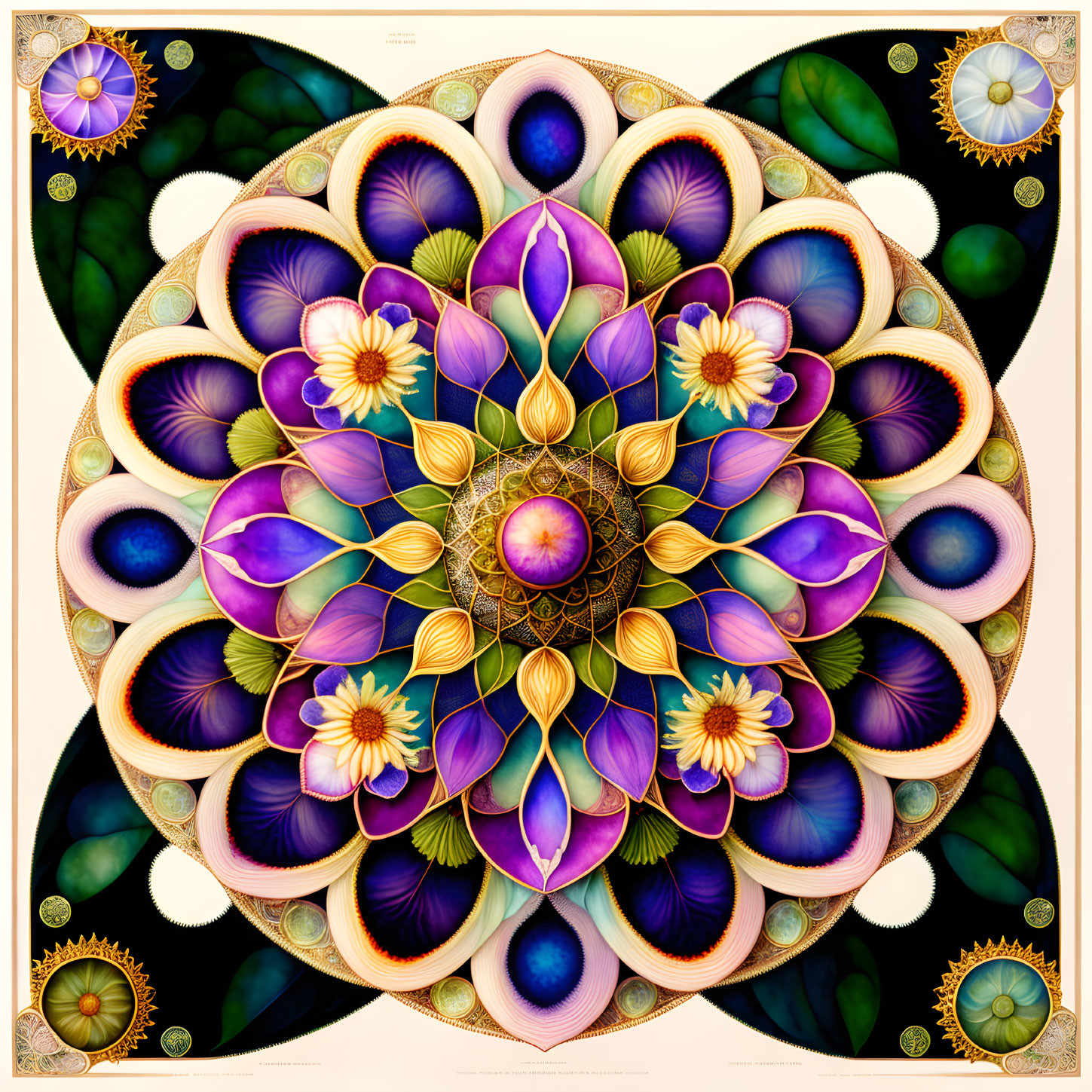 Vibrant Mandala Design in Purple, Blue, Green & Gold