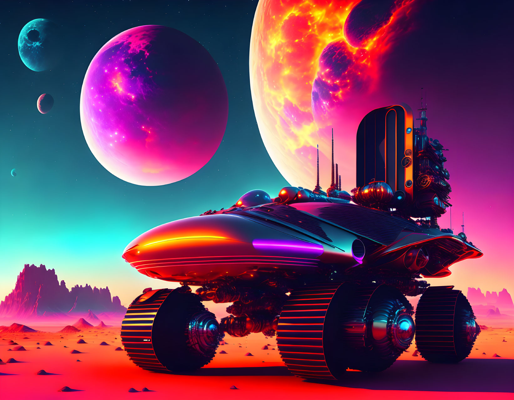 Futuristic vehicle on alien terrain with oversized wheels and neon highlights