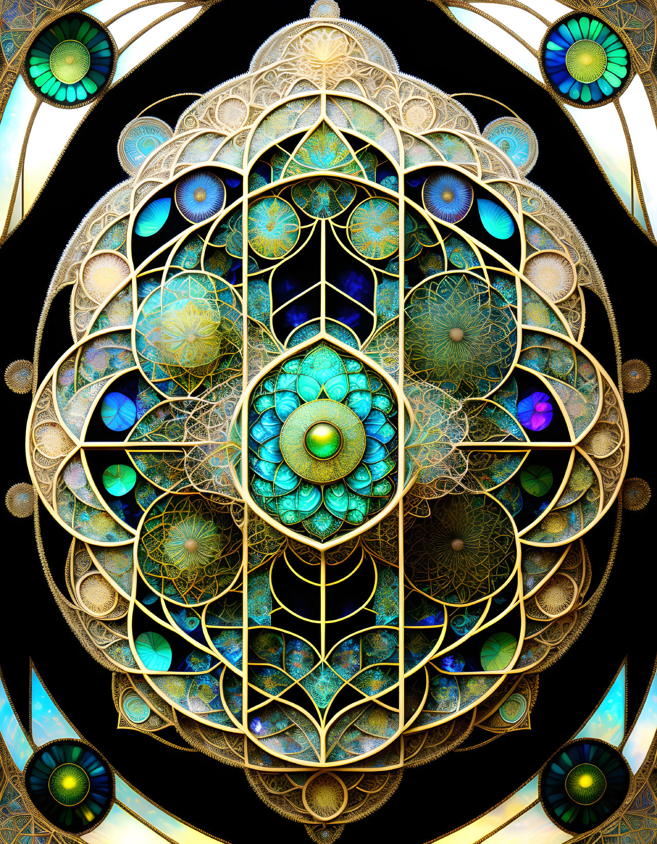 Intricate Stained Glass Fractal Design with Peacock Feather Motifs