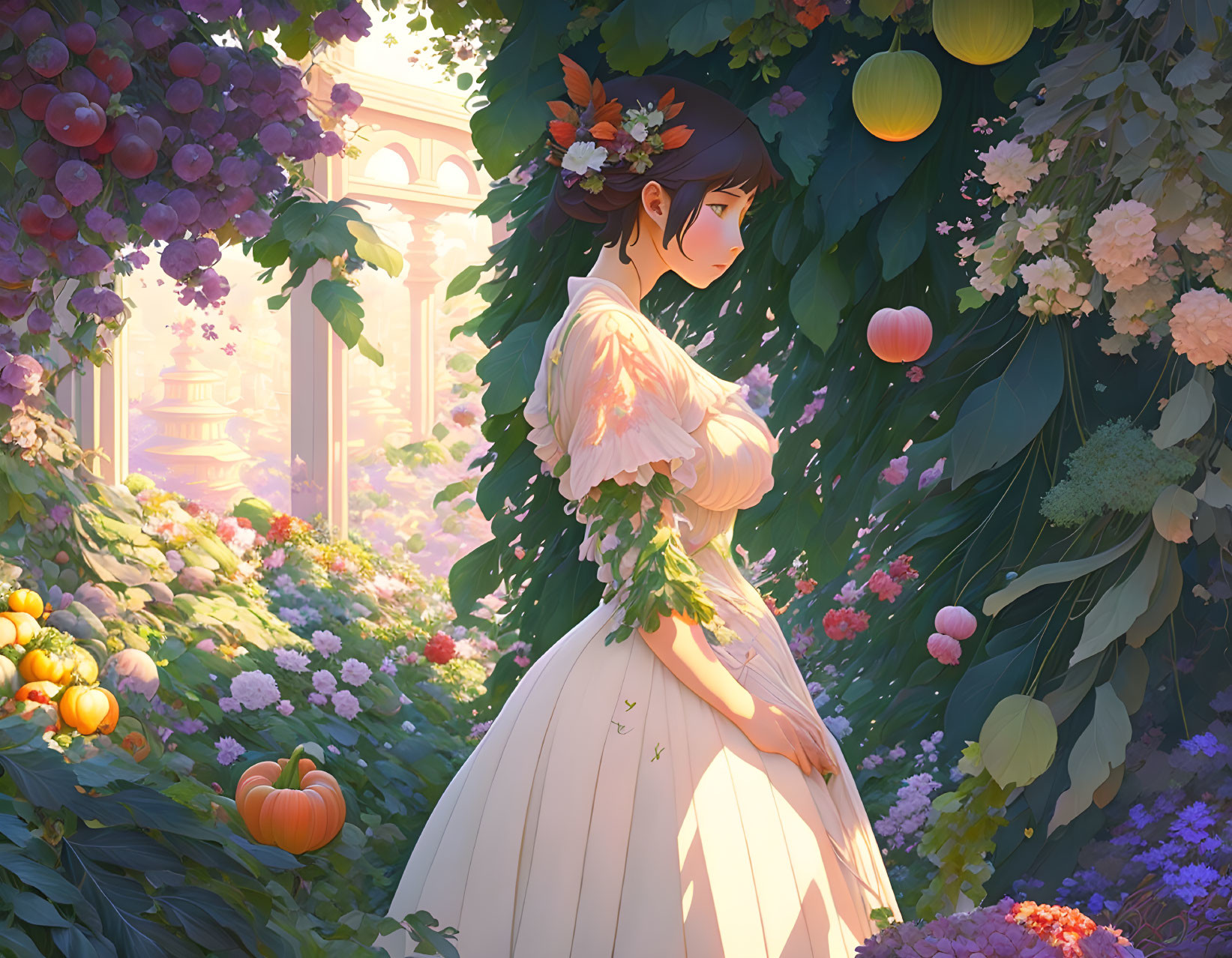 Woman in White Dress Surrounded by Greenery and Fruit Landscape