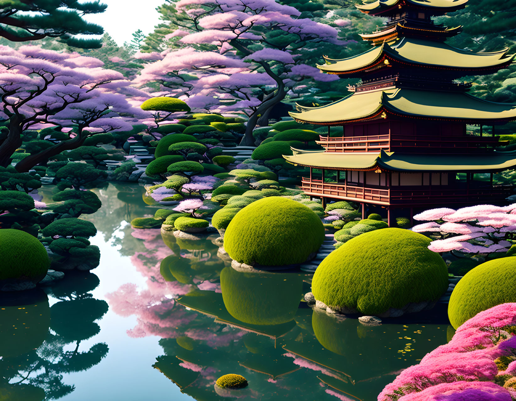 Japanese Garden with Pagoda, Cherry Blossoms, and Pond