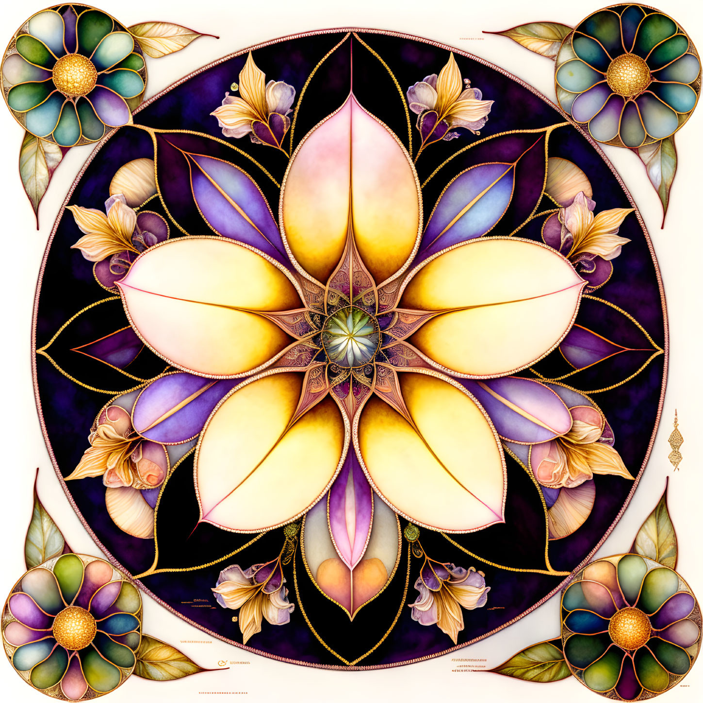 Colorful Mandala Art with Lotus Motifs and Floral Accents