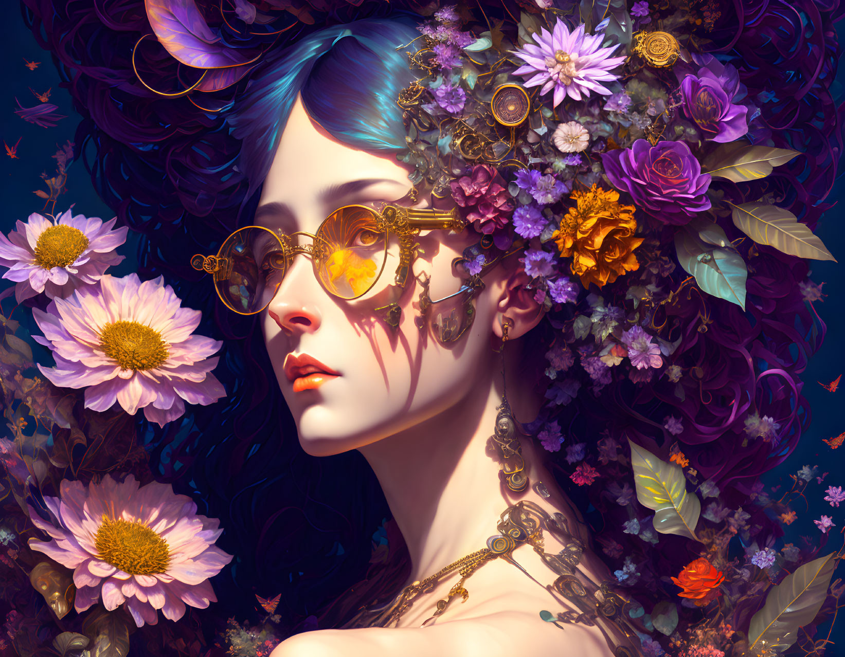 Colorful woman portrait with blue hair, golden glasses, and floral headdress