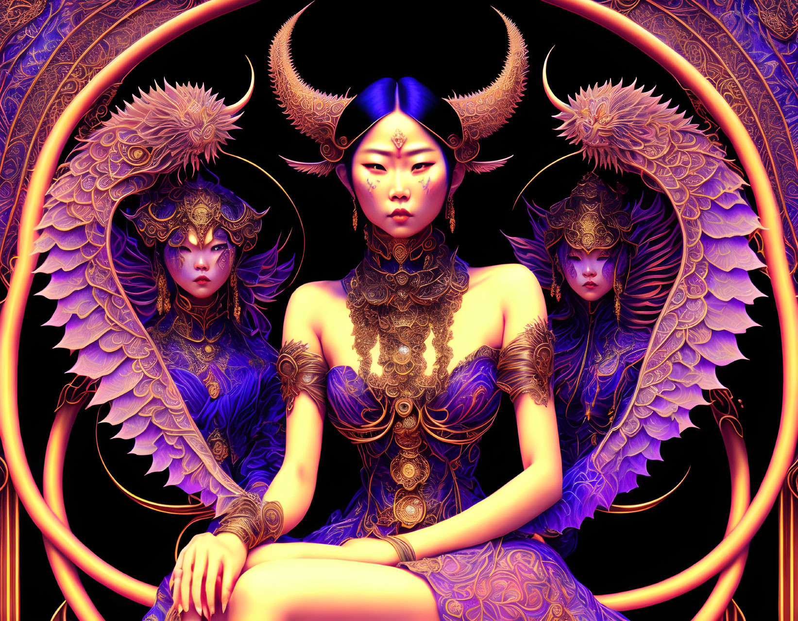 Fantastical Blue-Skinned Figures in Gold and Purple Attire