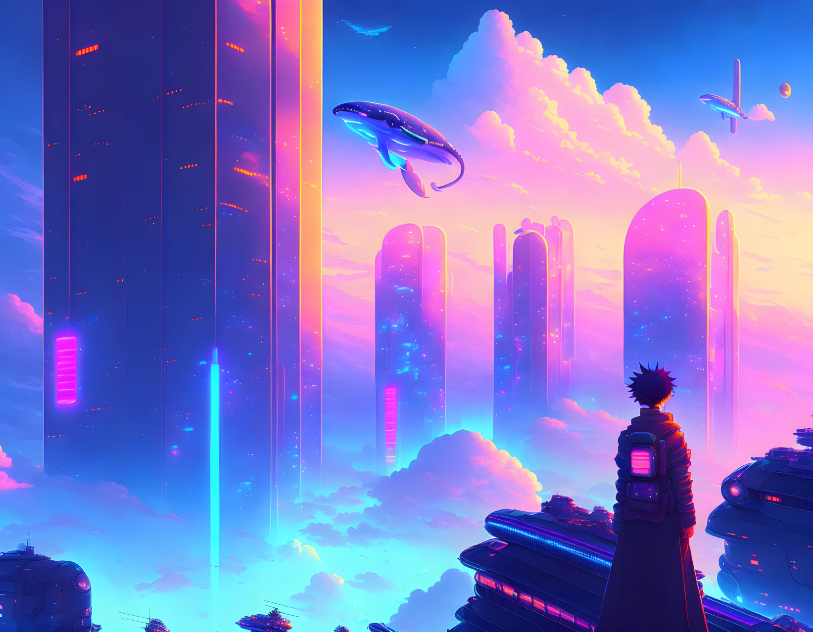 Futuristic twilight cityscape with towering buildings and flying vehicles