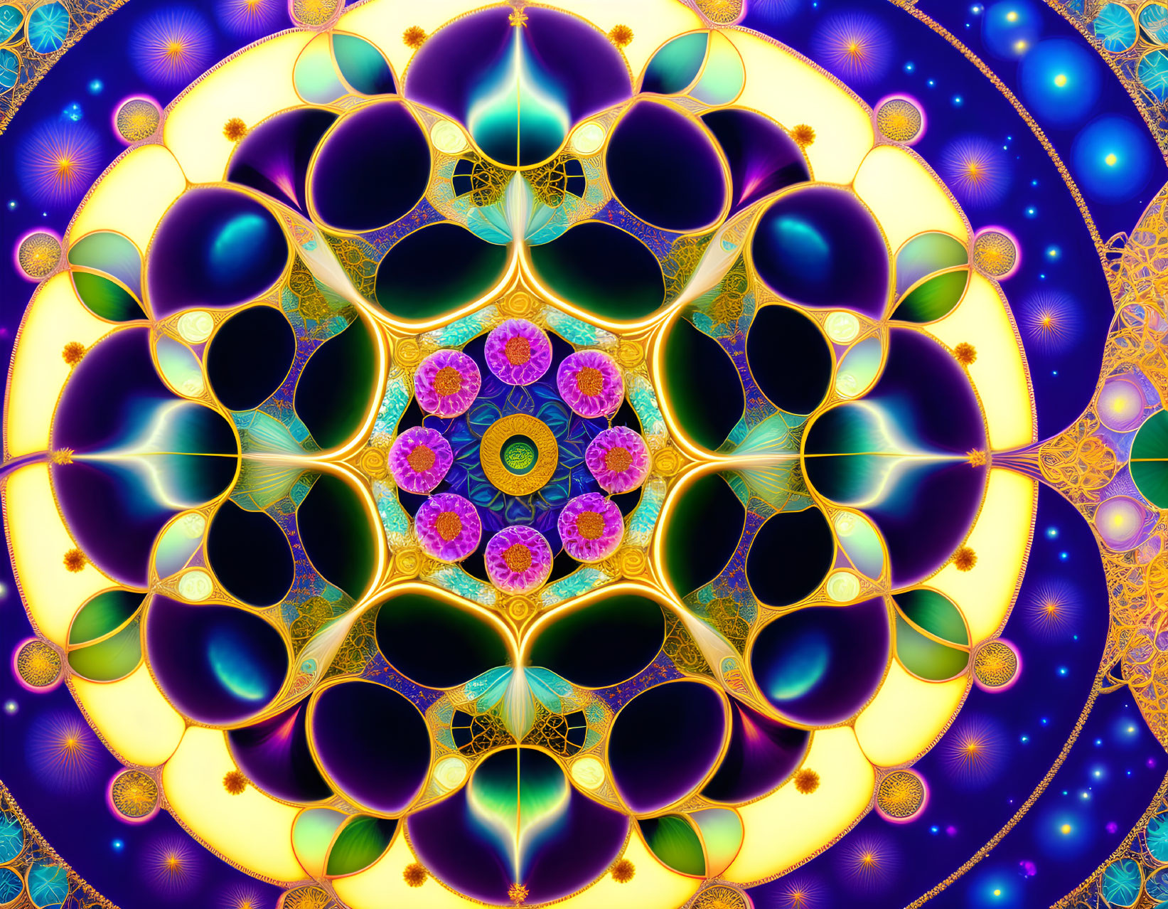 Symmetrical fractal art: Vibrant circles & floral motifs in blues, purples, yell