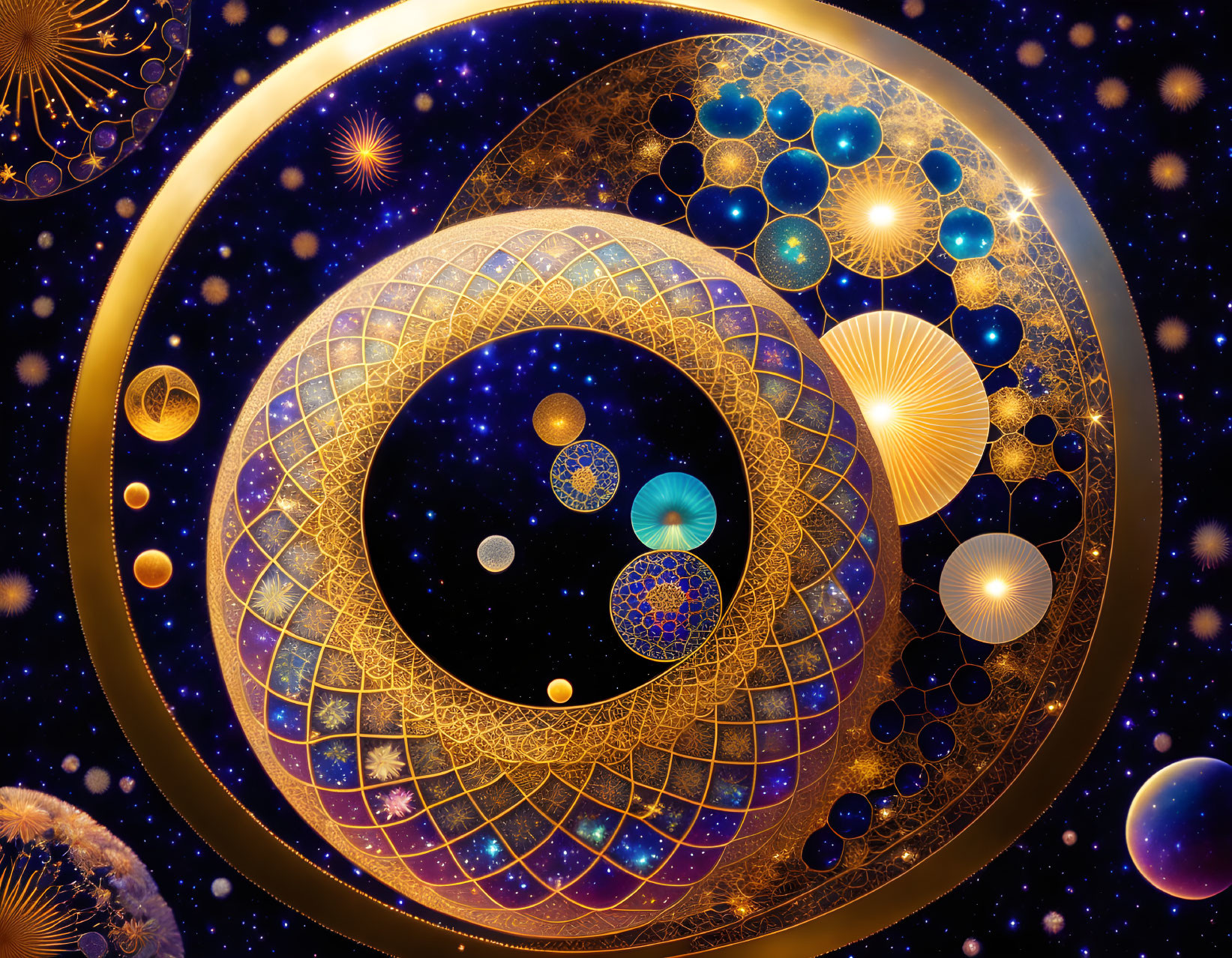 Abstract cosmic digital art: celestial bodies, intricate patterns, golden filigree, starry backdrop