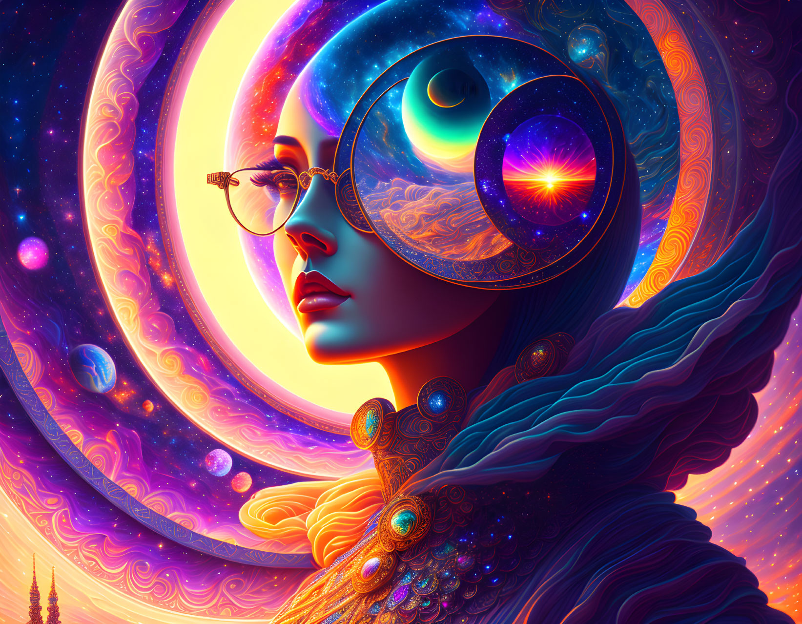 Colorful surreal portrait of a woman with cosmic elements