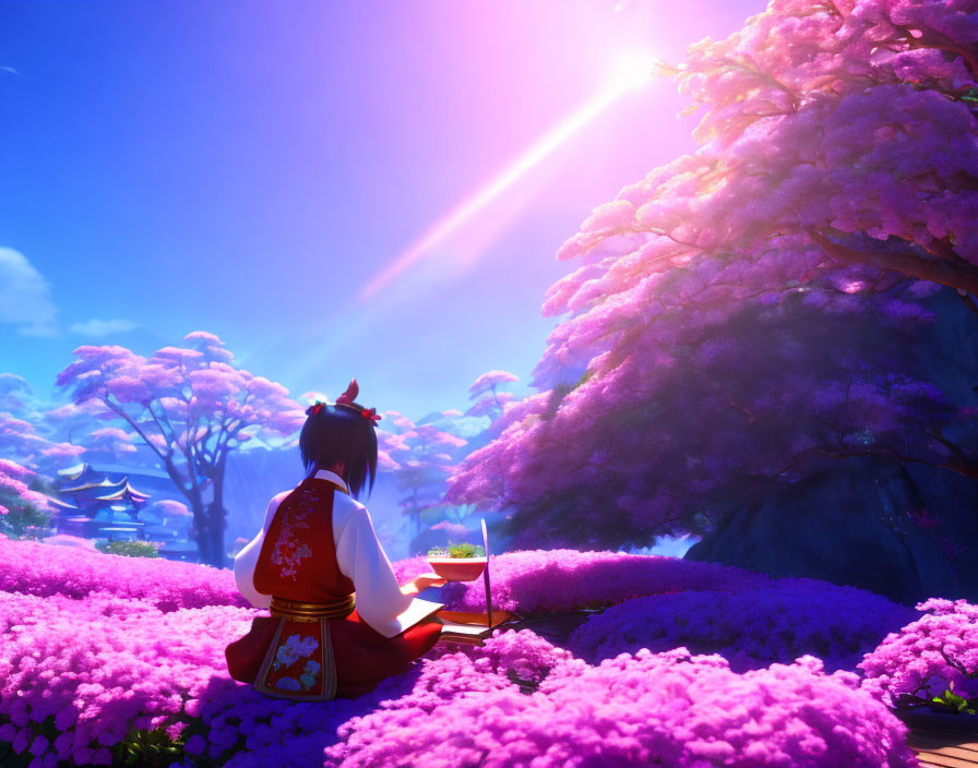 Person in Traditional Attire Sitting Under Cherry Blossom Tree in Vibrant Purple Garden