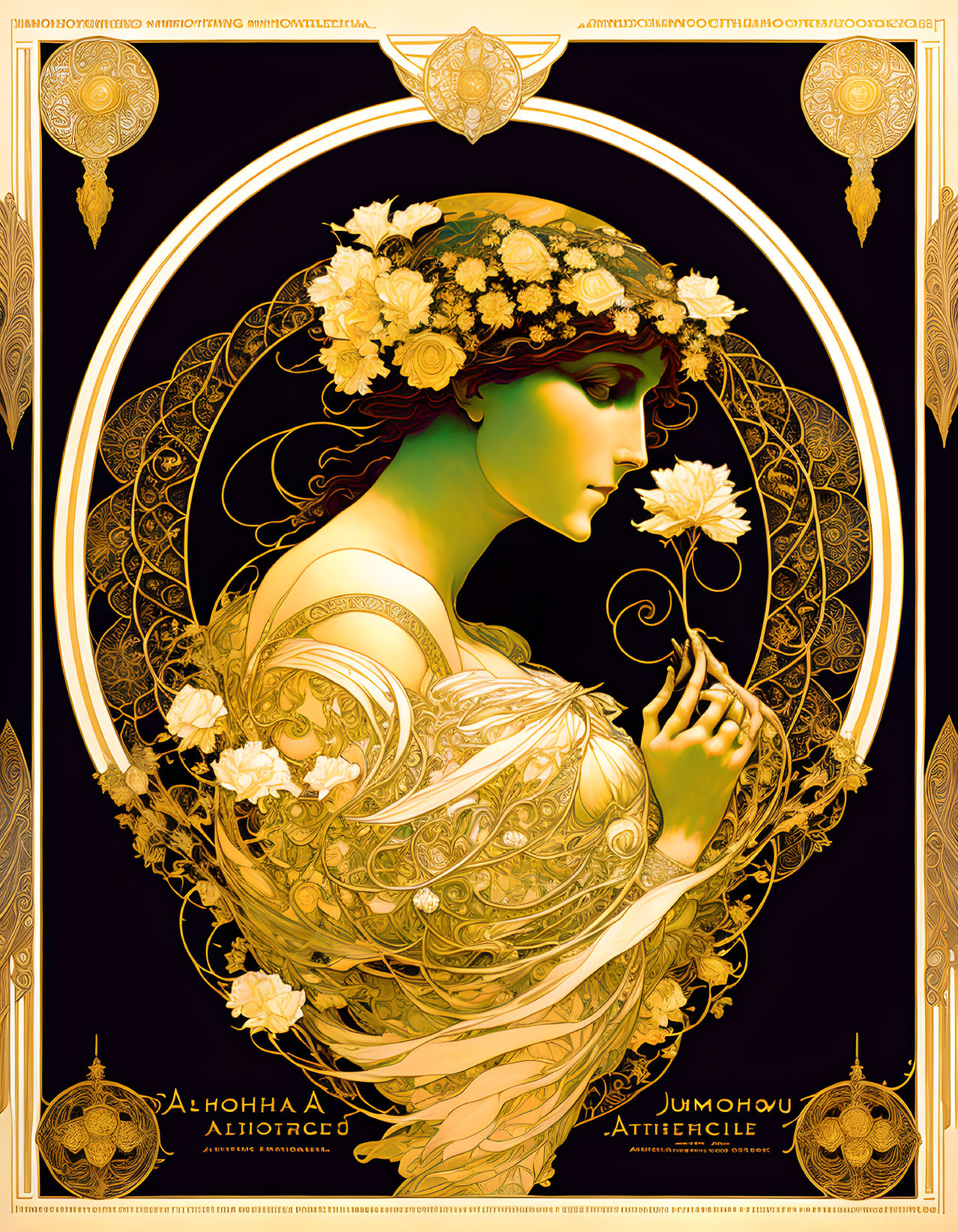 Art Nouveau Woman Illustration with Floral and Gold Accents