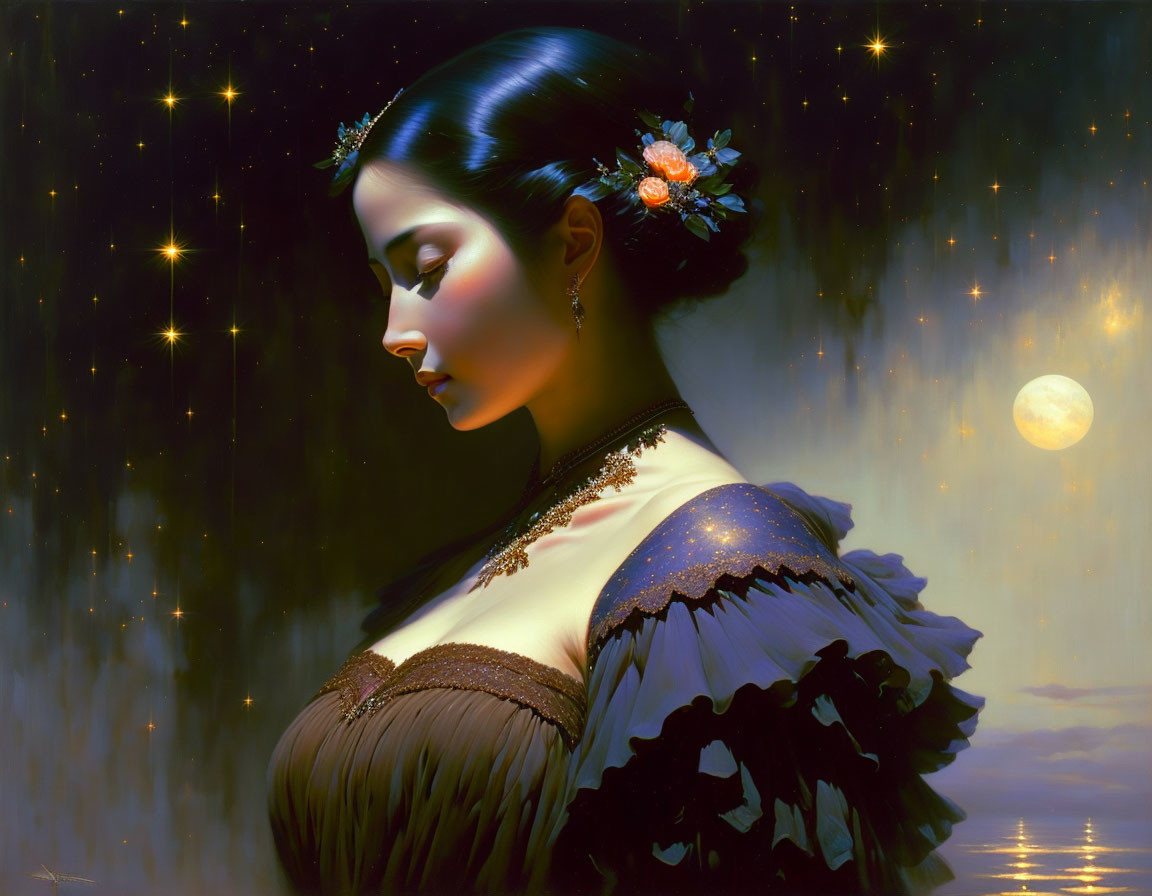 Vintage dress with lace details, woman gazes at starry sky and moon reflected on water